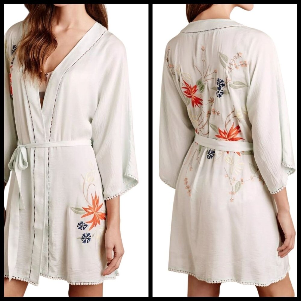 Anthropologie E Green Tea Robe Kimono Floral Embroidered Sz XS S As Seen On‎ TV